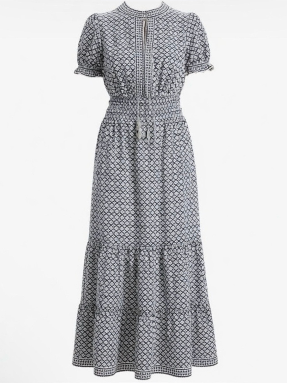 NWOT MAX STUDIO Puff Sleeve Tie Maxi Dress, navy and white large L